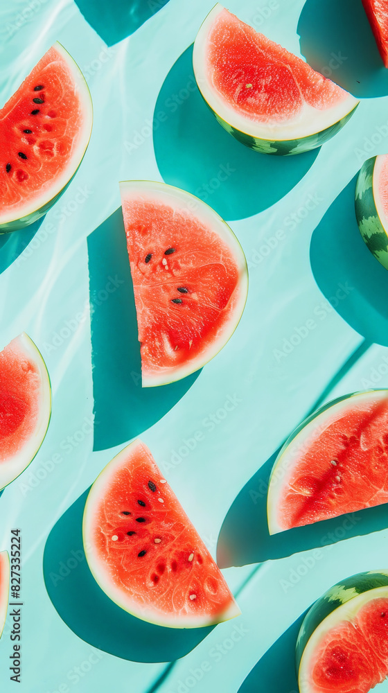 Aesthetic juicy slices of red watermelon on the pastel turquoise background with strong shadows. Generative AI Aesthetic juicy slices of red watermelon on the pastel turquoise background with strong shadows. Generative AI