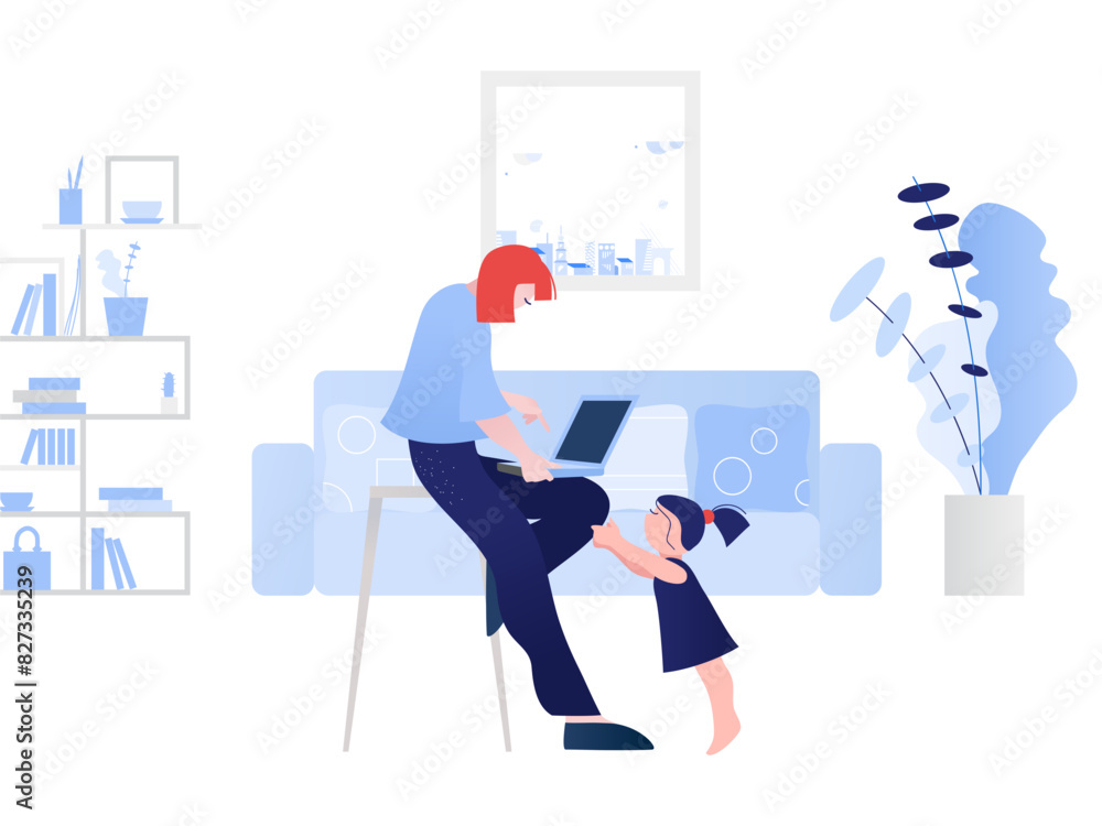 Little girl wants mom's attention while she works remotely from home Little girl wants mom's attention while she works remotely from home