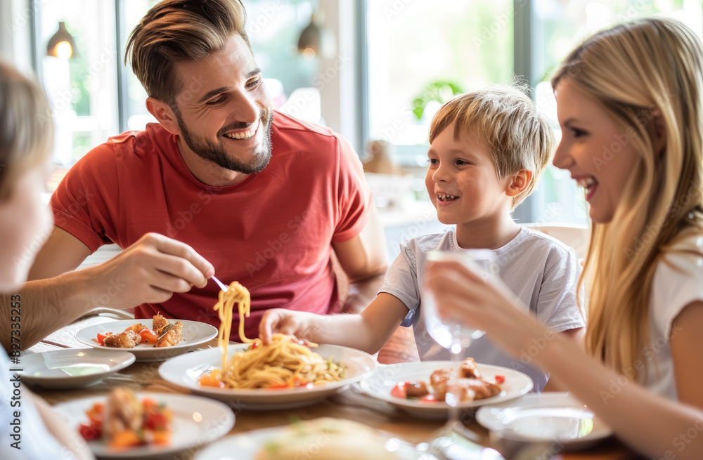 A happy family eating pasta together at the dining table, the dad is holding a fork with macaroni in his hand and smiling at his wife