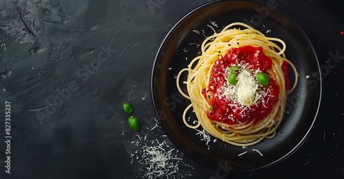  Spaghetti with tomato sauce and parmesan on a dark background. A black plate holds the pasta food in a flat lay style.