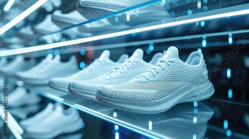 stylish fashionable sports sneakers on a shelf in a store, futuristic design, shoes, boots, fashion, footwear, casual attire, display window, shoe, model, pair, fitness, sneaker, showcase, market photo