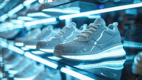 stylish fashionable sports sneakers on a shelf in a store, futuristic design, shoes, boots, fashion, footwear, casual attire, display window, shoe, model, pair, fitness, sneaker, showcase, market photo