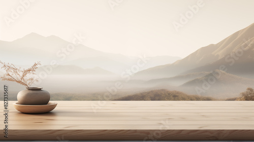 Product podium in a harmonious korean interior against a backdrop of a beautiful Japanese landscape.