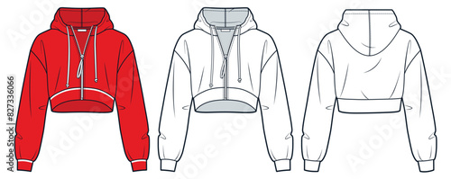 Hooded Sweatshirt technical fashion illustration. Zipped Jacket fashion flat technical drawing template, crop, relaxed fit, front, back view, white, red, women, men, unisex Sportswear CAD mockup set.