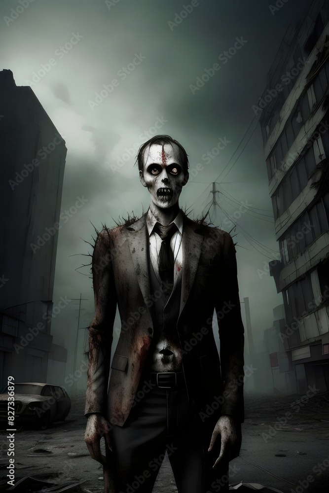 a an illustration digital painting of a scarey evil zombie wearing a suit with a destroyed city in thr background, Undead, Horror, Apocalyptic, Ruins, Darkness, Fearsome, Grotesque, Menacing, Nightmar