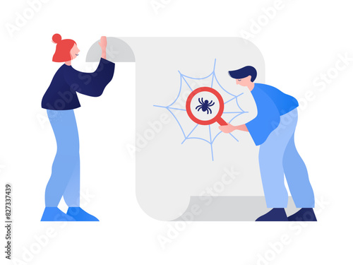 Woman holding a scroll and man finding a spider