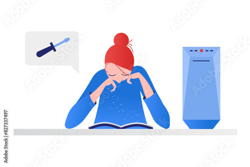 Woman reading instructions on assembling a computer