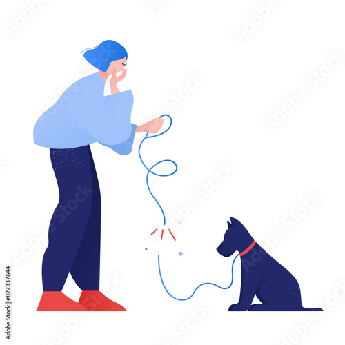 Woman walking the dog but the leash is broken