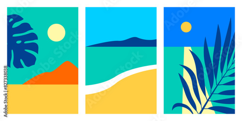 Summer nature landscape poster. Set of isolated cards with sea view at night, sunny beach, mountains with tropical leaves. Vector illustration in minimalist flat style