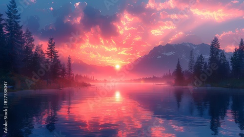 tranquil lake reflecting soft liquid hues at sunset