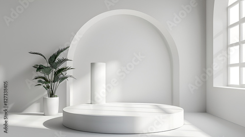 A 3D background of a stair podium displaying its design is depicted Grey Concrete studio room with 3D podium   backdrop empty modern loft design with lighting on back wall and rough gray  