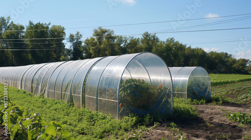 A row of modern polytunnel greenhouses for controlled environment agriculture in a rural landscape photo