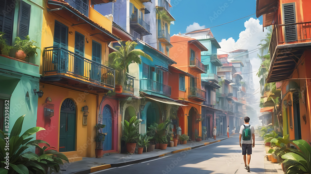 Fototapeta premium A photo collage style art of tropical city with colorful buildings and bright graphic elements, summer concept 