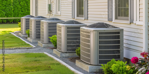 Neatly aligned central air conditioning units beside a suburban house showcasing modern HVAC systems