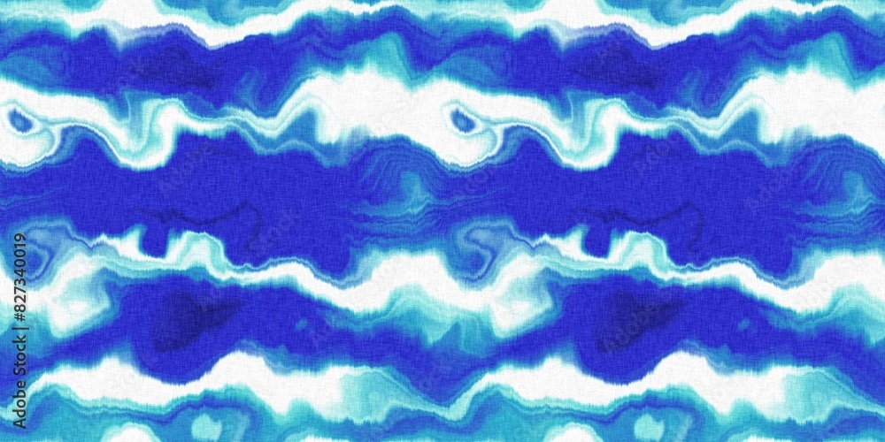 Fototapeta premium Wavy tie Dye stripe with linen effect seamless ribbon texture. Masculine blue white striped print edging. 