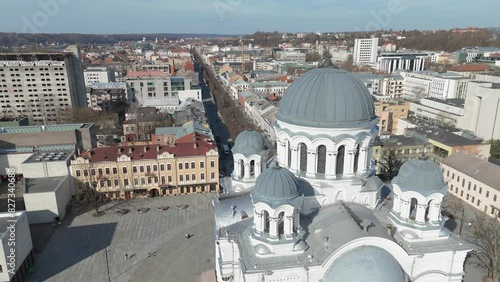 Aerial view of the Church of St. Michael the Archangel and Freedom Avenue in Kaunas, Lithuania photo
