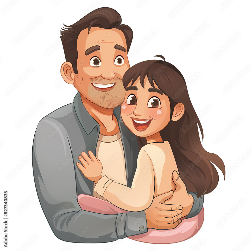 A father happily hugging and holding his daughter is illustration for Father's Day, a girl loves her dad A father happily hugging and holding his daughter is illustration for Father's Day, a girl loves her dad