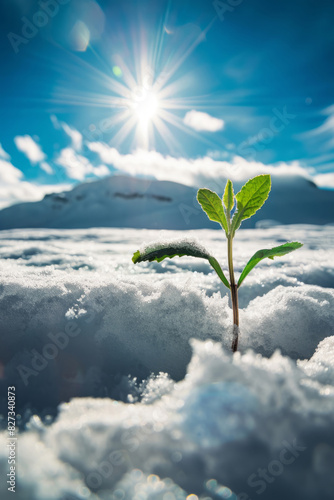 A small green sprout emerging from the snow, symbolizing new life and growth in an arctic environment, with the sun shining brightly above against a blue sky background. © Duka Mer