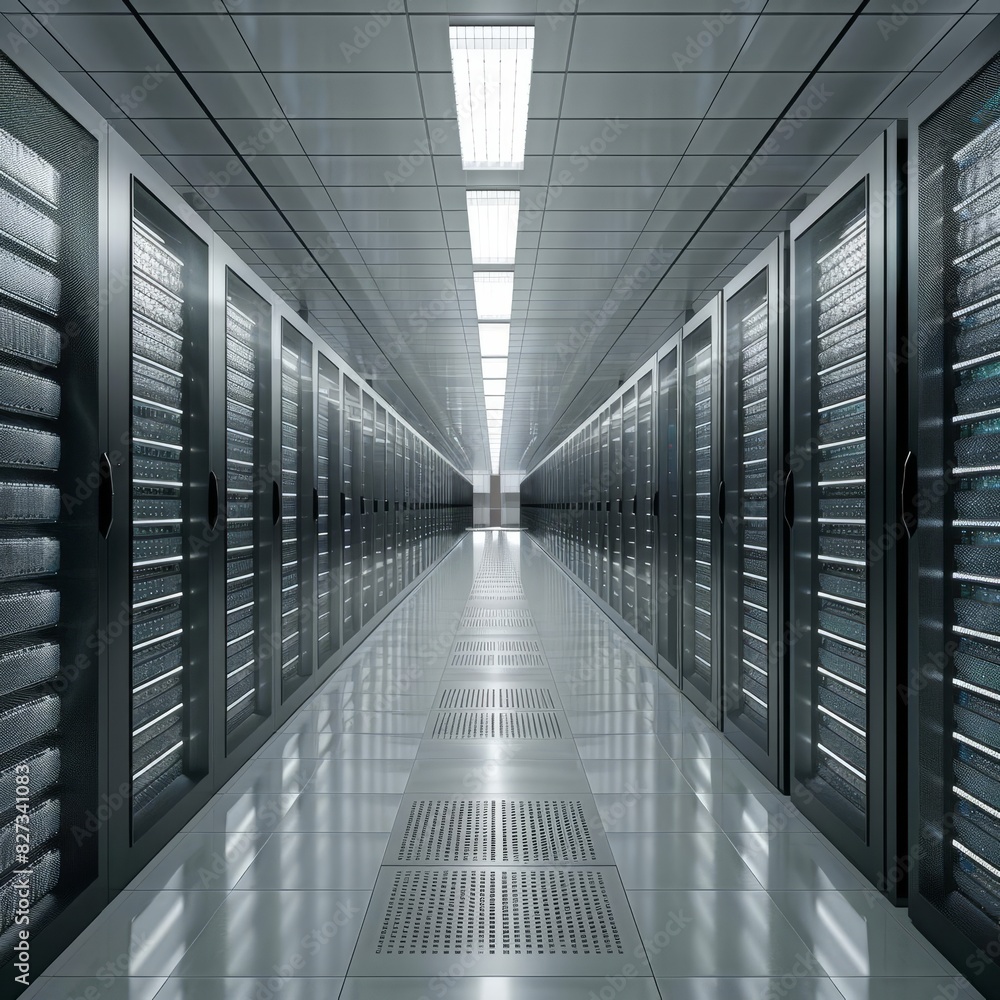 Fototapeta premium A long, brightly lit hallway with rows of server racks on either side.