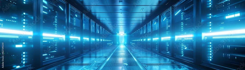 A long, futuristic, blue-lit hallway with racks of servers on both sides. A long, futuristic, blue-lit hallway with racks of servers on both sides.