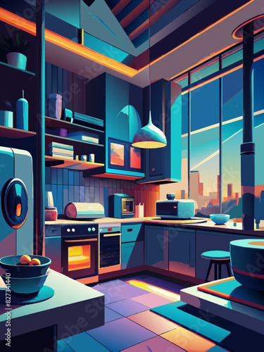 Modern Kitchen Interior at Twilight with Cityscape Views