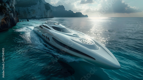 boat on the water, Luxury super speed boat with modern design on ocean with sunset photo