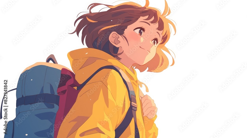 A charming girl strolling with a backpack portrayed in a lively 2d illustration set against a white background A charming girl strolling with a backpack portrayed in a lively 2d illustration set against a white background