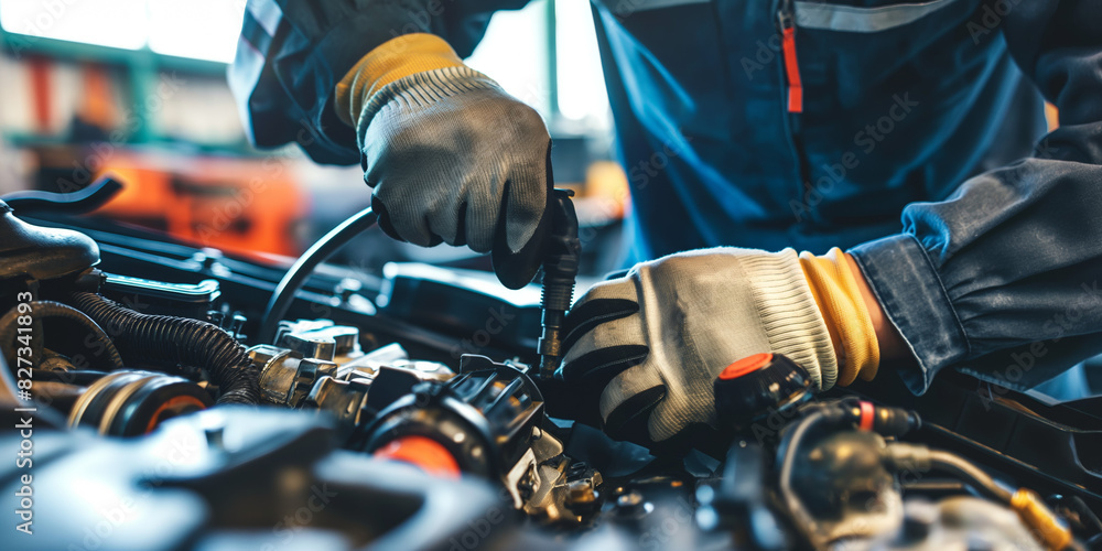 Close-up shot of hands working on car engine parts, depicting precision and expertise in the field of mechanics Close-up shot of hands working on car engine parts, depicting precision and expertise in the field of mechanics