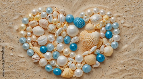  Top-View Photo of Pearls and Seashells Forming a Heart Shape on the Beach Sand"