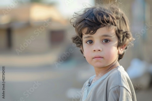 Closeup of a young child with expressive eyes on a blurred background