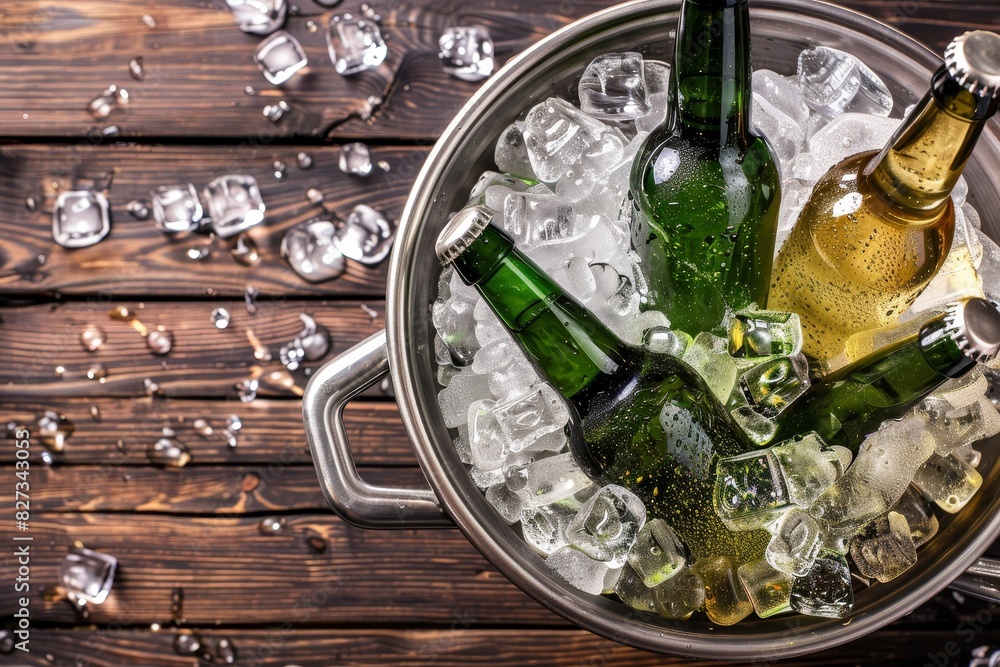 Home party setup with chilled beer bottles, ice, and refreshing drinks, copy space available Home party setup with chilled beer bottles, ice, and refreshing drinks, copy space available