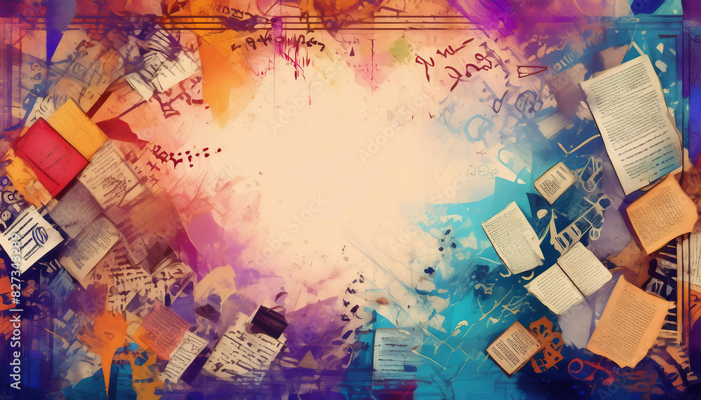 Fototapeta premium A vintage collage with empty paper space artfully combines old papers and grunge paint splashes, evoking a sense of nostalgia. Copy space.