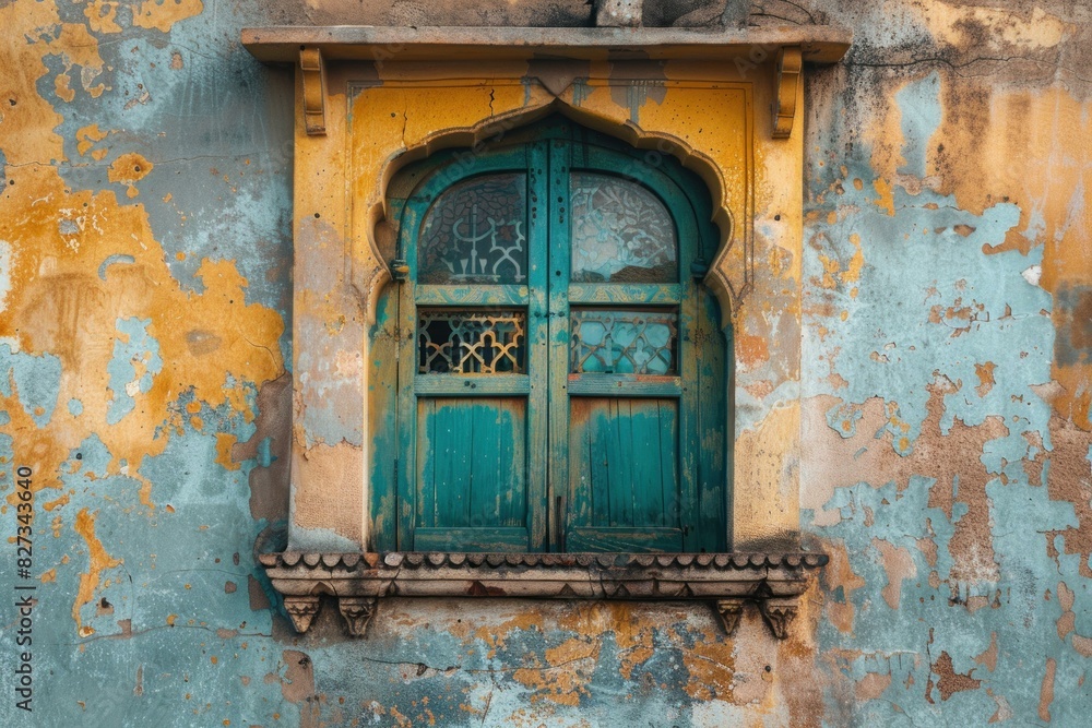 Weathered turquoise window set in a distressed wall with peeling paint, showcasing a touch of history Weathered turquoise window set in a distressed wall with peeling paint, showcasing a touch of history