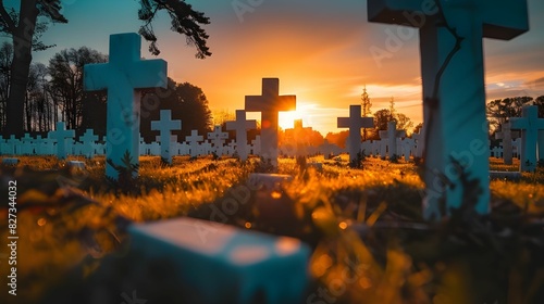 Sunset Over Military Cemetery with Crosses Ai generated