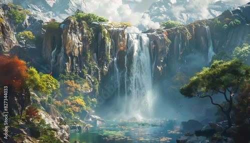 A powerful waterfall in a mountainous area, with ambient occlusion adding depth to the crevices and hollows in the cliff face, knolling © Nawarit