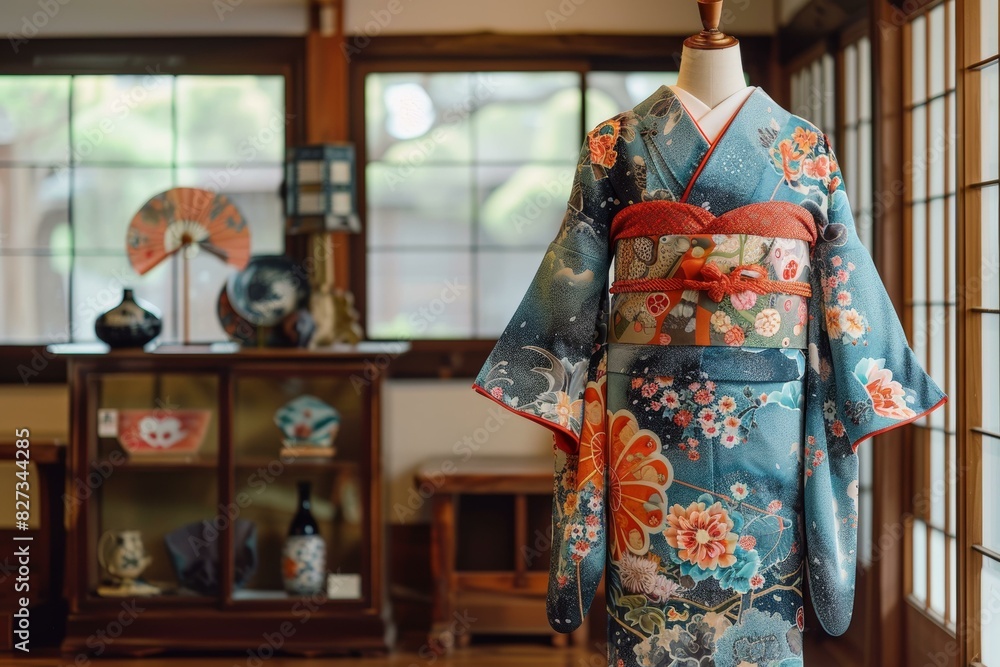 A kimono with a floral pattern is displayed in a traditional Japanese room