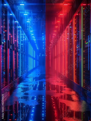 A long, dark hallway is lit up by red and blue lights