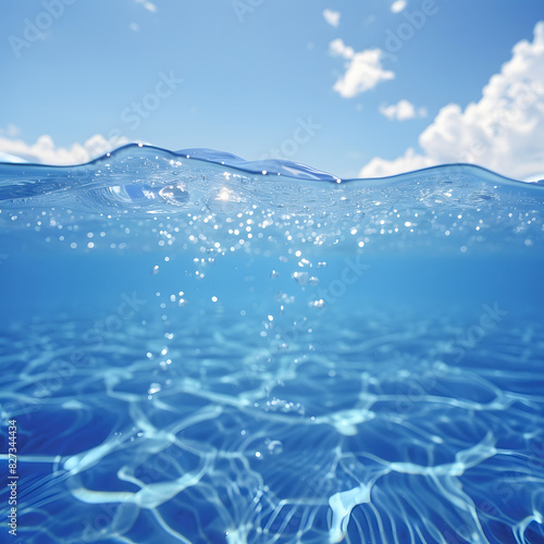 blue background  ocean underwater surfaces. Relax blue horizon background under surface sea and white cloud  clean natural view bottom pool with sun rays.