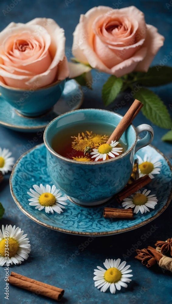 Aromatic Herbal Tea Cups with Mint, Cinnamon, Rose, and Chamomile on Blue. Aromatic Herbal Tea Cups with Mint, Cinnamon, Rose, and Chamomile on Blue.