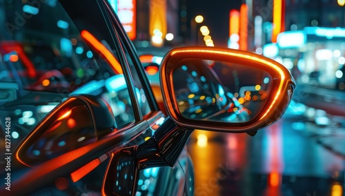 A side mirror of the car is illuminated with orange lights © zaen_studio