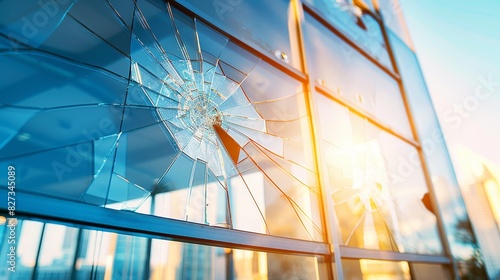 Close up of shattered office window glass   vandalism or accident concept, damaged pane view photo