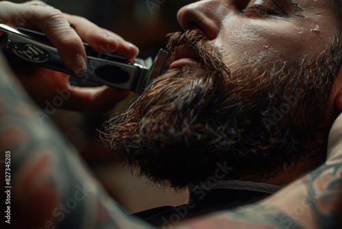 barber's hands trimming a beard with clippers photo