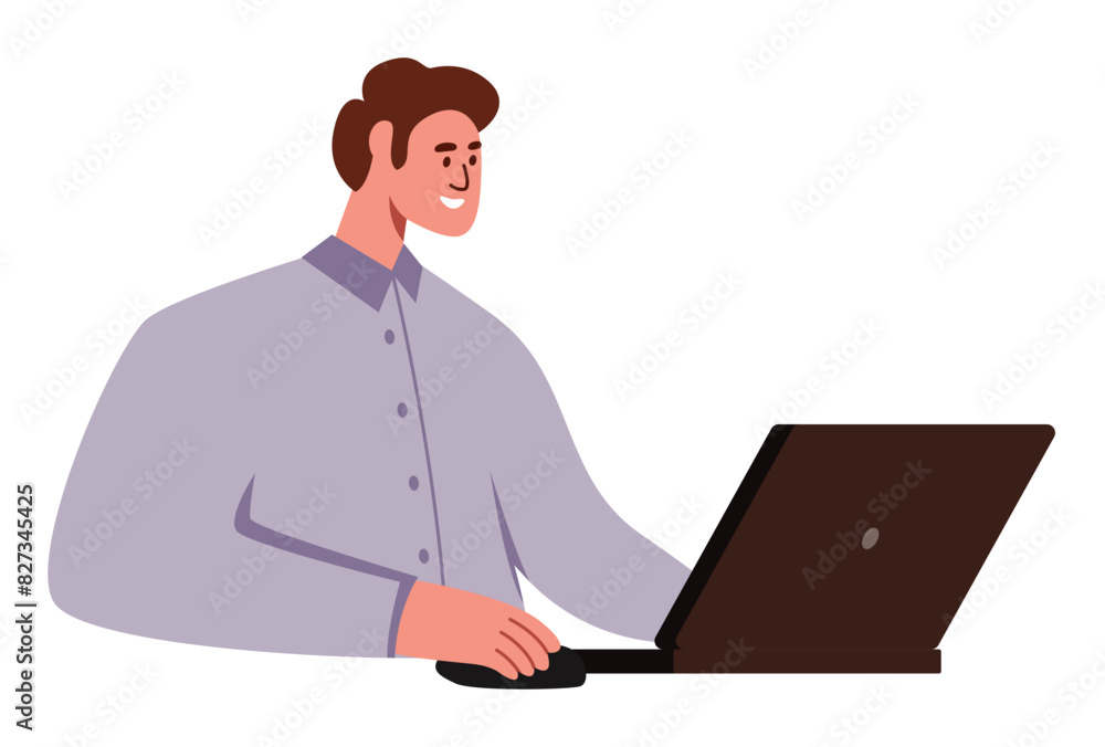 Man at a laptop, working online, freelancer concept. Office worker, businessman, online consultations illustration. Flat vector style. Isolated on a white background Man at a laptop, working online, freelancer concept. Office worker, businessman, online consultations illustration. Flat vector style. Isolated on a white background
