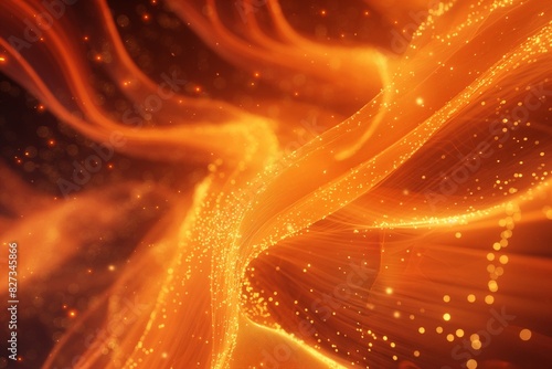 Abstract orange particles of light swirling and converging to form a vibrant tapestry of color and motion, their luminous trails creating a mesmerizing display in this dynamic 3D rendering.