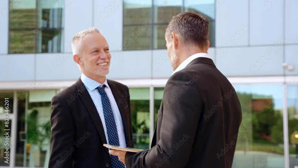 Two trusted business colleagues dressed in formal attire with a digital tablet in hand observing the results of the work done Two trusted business colleagues dressed in formal attire with a digital tablet in hand observing the results of the work done