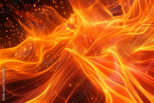 Abstract orange particles of light swirling and converging to form a vibrant tapestry of color and motion, their luminous trails creating a mesmerizing display in this dynamic 3D rendering.