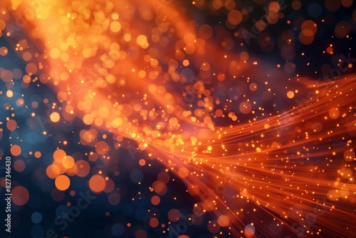 Abstract orange particles of light pulsating with energy and vitality, their luminous trails creating a mesmerizing display of color and motion in this dynamic 3D rendering.