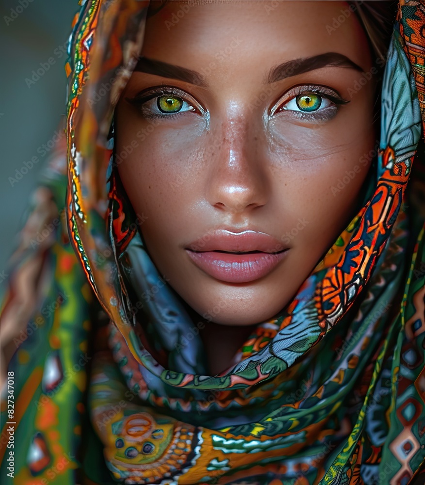 A portrait of a beautiful model ethnic woman with green eyes in colourfull clothing A portrait of a beautiful model ethnic woman with green eyes in colourfull clothing