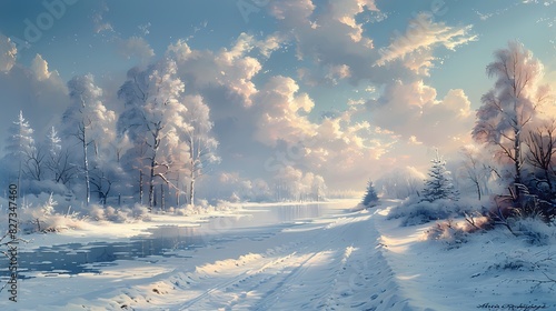 tranquil winter landscape where the snow is tinged with soft fluffy hues of pastel blue and lavender