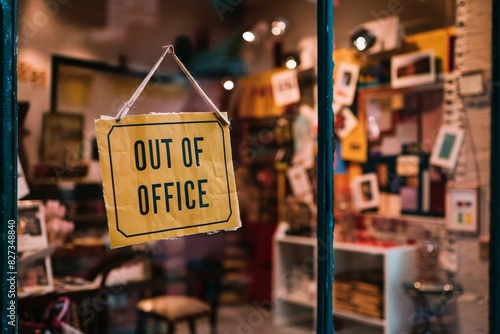 Out of Office store sign with blurred store background. Holiday image concept.